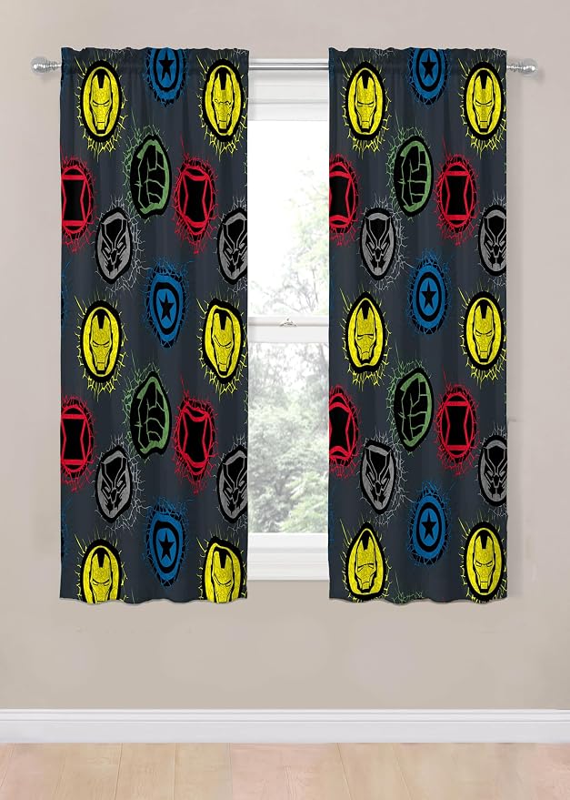 Jay Franco Window Curtains for Kids Bedroom 4-Piece Drape Set with 2 Tiebacks, Grey - Marvel Comics, 42" W x 63" L (Pack of 2)