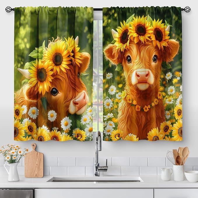 Highland Cow Sunflower Kitchen Curtains - Cute Country Rustic Farmhouse Short Cafe Curtains Decor for Dining Room Tier Curtains Over Sink Rod Pocket Window Drapes 24 Inch Length 2 Panels Set, 28"x24"