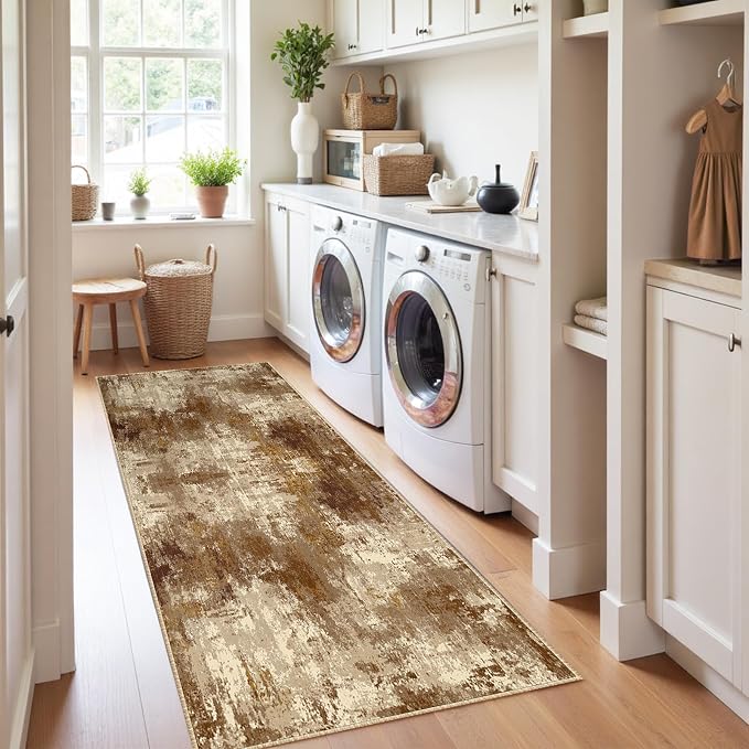 RELEANY Washable Area Rugs 2'x6' Non-Slip Modern Abstract Soft for Living Room Entryway Bedroom Kitchen, Print Pattern, Brown Tan Beige Coffee