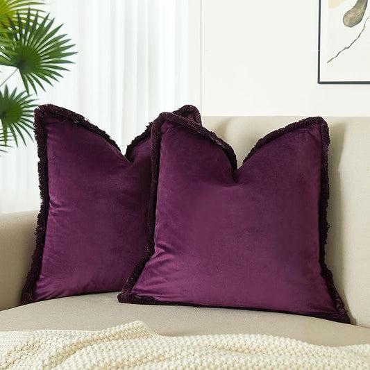 JUSPURBET Eggplant Decorative Velvet Fringe Throw Pillow Covers 22x22 Set of 2 Boho Soft Cushion Case for Home Decor Living Room Couch Sofa Bed