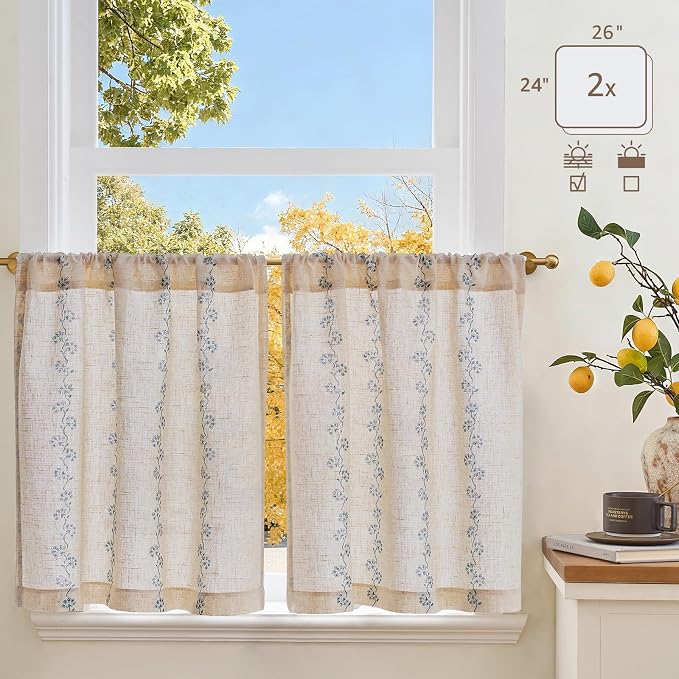 jinchan Katy Linen Floral Kitchen Curtains 24 Inches Length Stripe Cafe Curtains Farmhouse Cottagecore Tier Small Window Drapes for Living Room Light Filtering Rod Pocket 2 Panels Blue on Linen