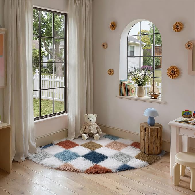 PureCozy Checkered Rug 3ft Radius Corner for Playroom, Modern Rainbow Shag Super Soft Washable Fluffy Rugs Indoor Fuzzy Carpet for Bedroom Home Dorm Aesthetic Decor