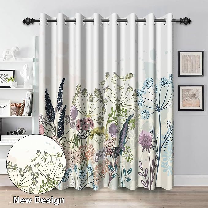 Renaiss Wildflowers Blackout Curtains Vintage Botanical Floral Plant Thermal Insulated Window Drapes for Bedroom 29W x 55L inches 2 Panel Set Window Curtain Panels for Kitchen