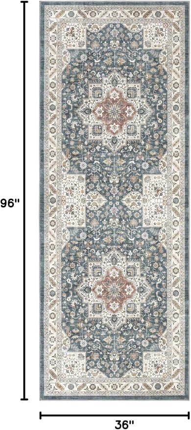 Vintage Hallway Runner Rug 3x8: Large Soft Washable Entryway for Kitchen Laundry Room Non-Slip Backing Runner for Entrance Living Room Bedroom Bathroom - Vintage Blue