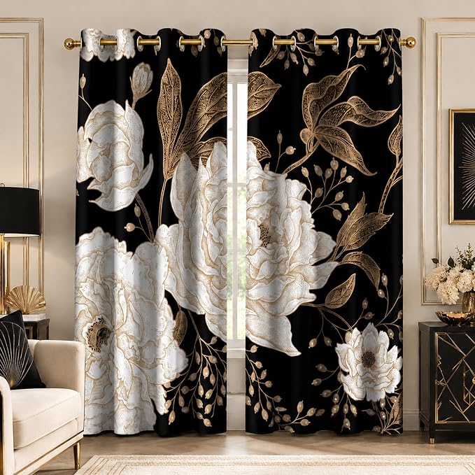 Boho Floral Blackout Curtain, Black Gold Flowers Aesthetic Art Curtains Darkening Thermal Insulated Grommet Window Drapes for Living Room Bedroom Decor 2 Panels 52x84 Inches