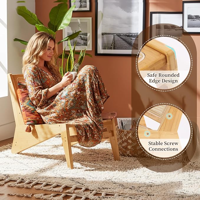 Furlide Rattan Chair 2Pcs, Mid Century Modern Accent Chair, Leisurely Reading Chair for Living Room（Wood）