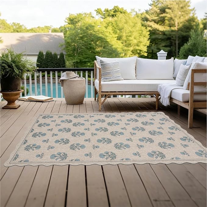 ORTIGIA Scalloped Easy Jute 3x5 Area Rug Vintage Blue Floral Farmhouse Washable Rug Non-Slip Indoor Outdoor Carpet for Living Room Bedroom Kitchen Patio Entryway