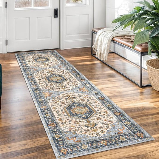 KUTA Vintage Washable Runner Rug, 2x7 Non-Slip Vintage Ivory Blue Hallway Kitchen Runners Soft Printed Tribal Farmhouse Floor Carpet Rugs for Laundry Bedroom Living Room