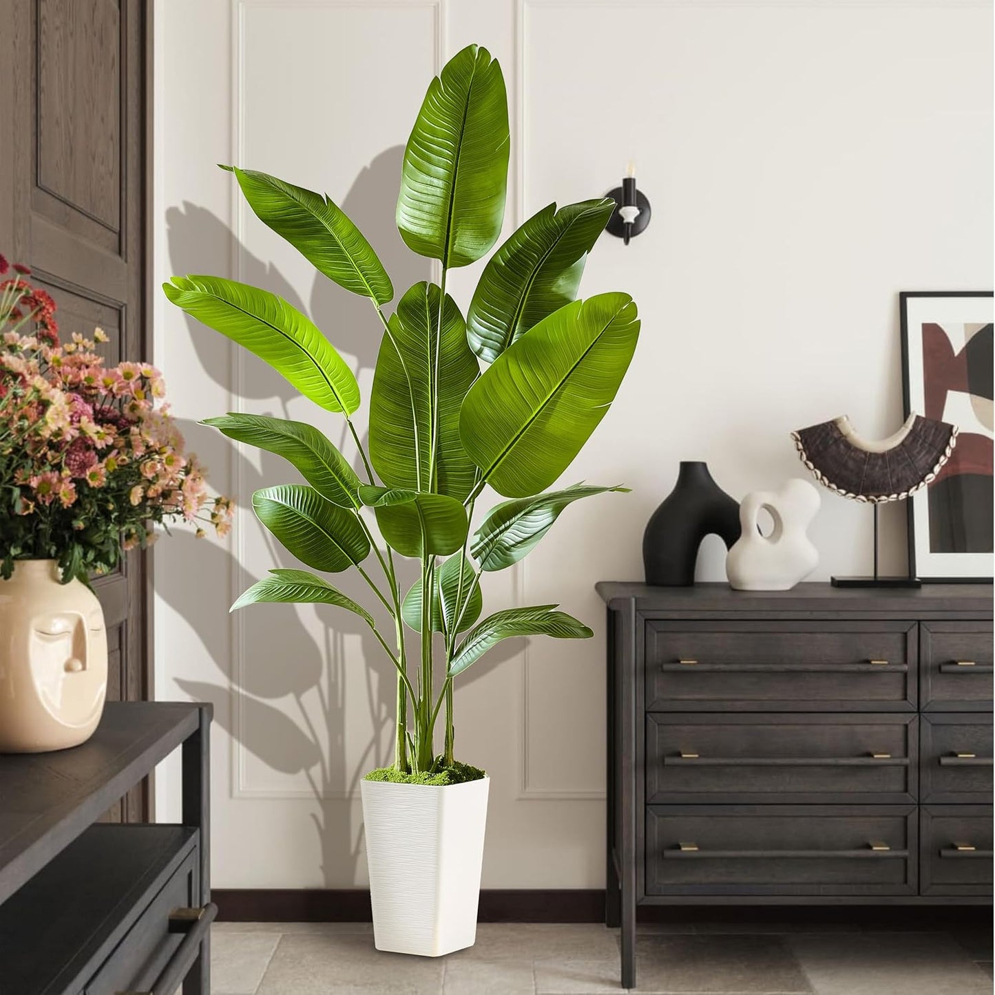 Fake Bird of Paradise Silk Artificial Plant Faux Banana Leaf Tree Lifelike Bird of Paradise for Home Decor Indoor Floor Plant with 10 Trunks (1, White Tall Planter, 6 FT)