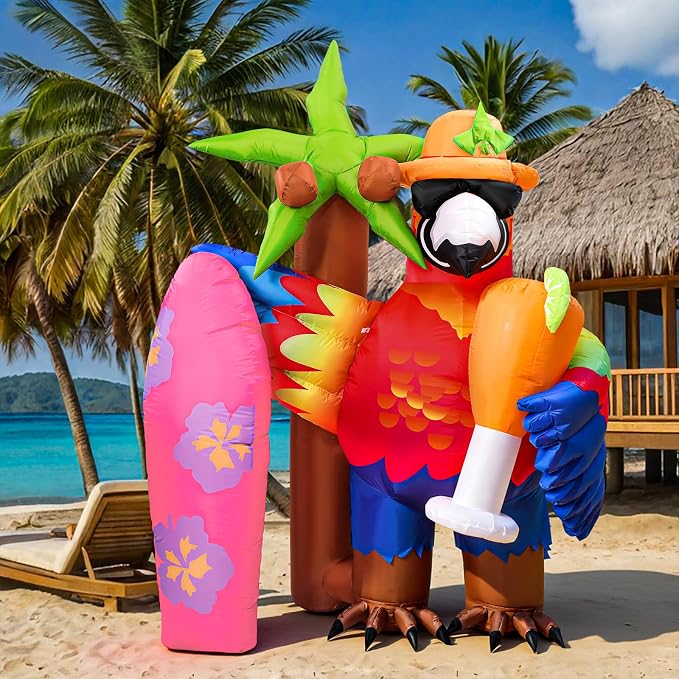 Leyndo 7.2x5.7ft Gaint Hawaiian Inflatable Parrot Decorations Tiki Inflatable Palm Coconut Tree with LED Lights Aloha Luau Hawaiian Tropical Party Decorations for Indoor Outdoor Birthday Beach