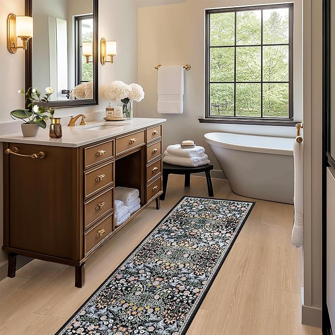 Runner Rug for Entryway: 2x5 Kitchen Rugs Non Slip Washable Ultra-Thin Soft Floral Carpet Indoor Floor Stain Resistant Carpets for Hallway Bedroom Kitchen Laundry Bathroom Dorm Dark Black