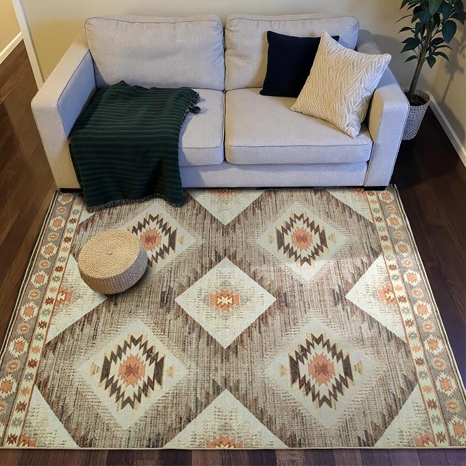 BESTSWEETIE Area Rug 4x4 Rug Machine Washable Non-Slip Low Pile Print Pattern Western Rug for Living Room Bedroom Entryway Tribal Series -Cream/Camel