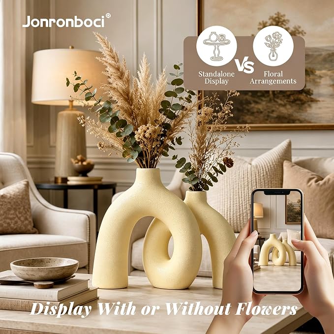 Hug Donut Decorative Vase Set - Beige Vase, Modern Nordic Boho Style Vases Home Decor, Matte Ceramic Decorations for Living Room Shelf, Bookshelf Mantle Entryway Table or Console Décor (Beige)