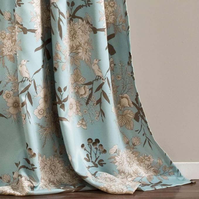 Lush Decor Botanical Garden Curtains Floral Bird Print Light Filtering Window Panel Drapes Set for Living, Dining, Bedroom (Pair), Blue, 52"W x 84L"