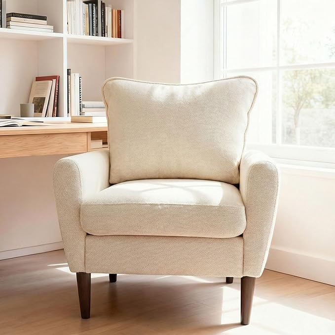OLIXIS Comfy Accent Chair for Living Room Bedroom and Waiting Room, Upholstered Mid-Century Reading Chair with Pillow and Solid Wood Legs, Wide Singe Modern Lounge Sofa Beige, 2 Pack