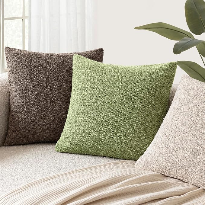 Foindtower Set of 2, Decorative Textured Boucle Throw Pillow Covers Accent Solid Pillow Cases Neutral Cozy Couch Cushion Case for Chair Sofa Bedroom Living Room Home Decor 24x24 Inch Leaf Green