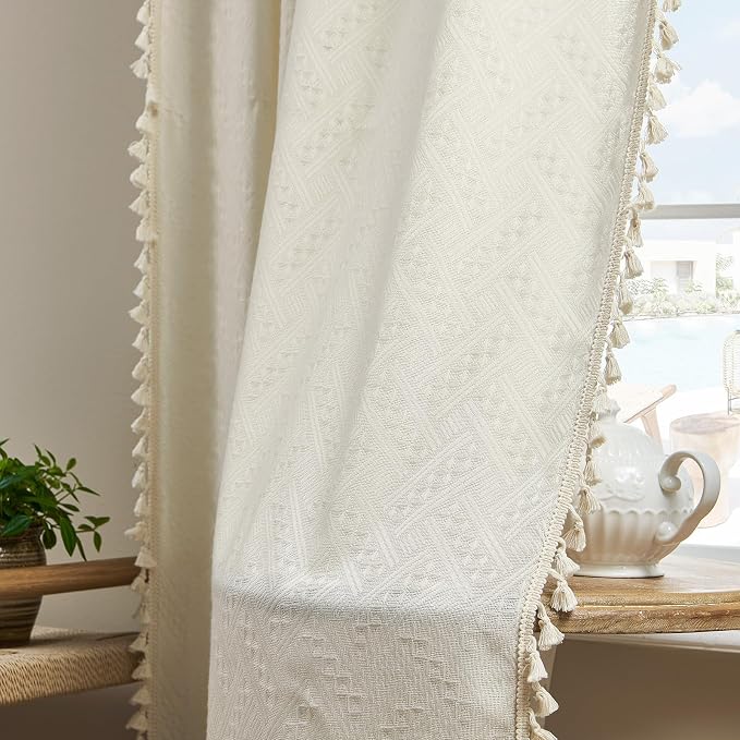 Joydeco Custom Boho Curtains 1 Panel, Boho Curtains for Bedroom Living Room, Super Soft Light Filtering Country Rustic Semi Sheer Farmhouse Curtains Rod Pocket (Custom, Beige)