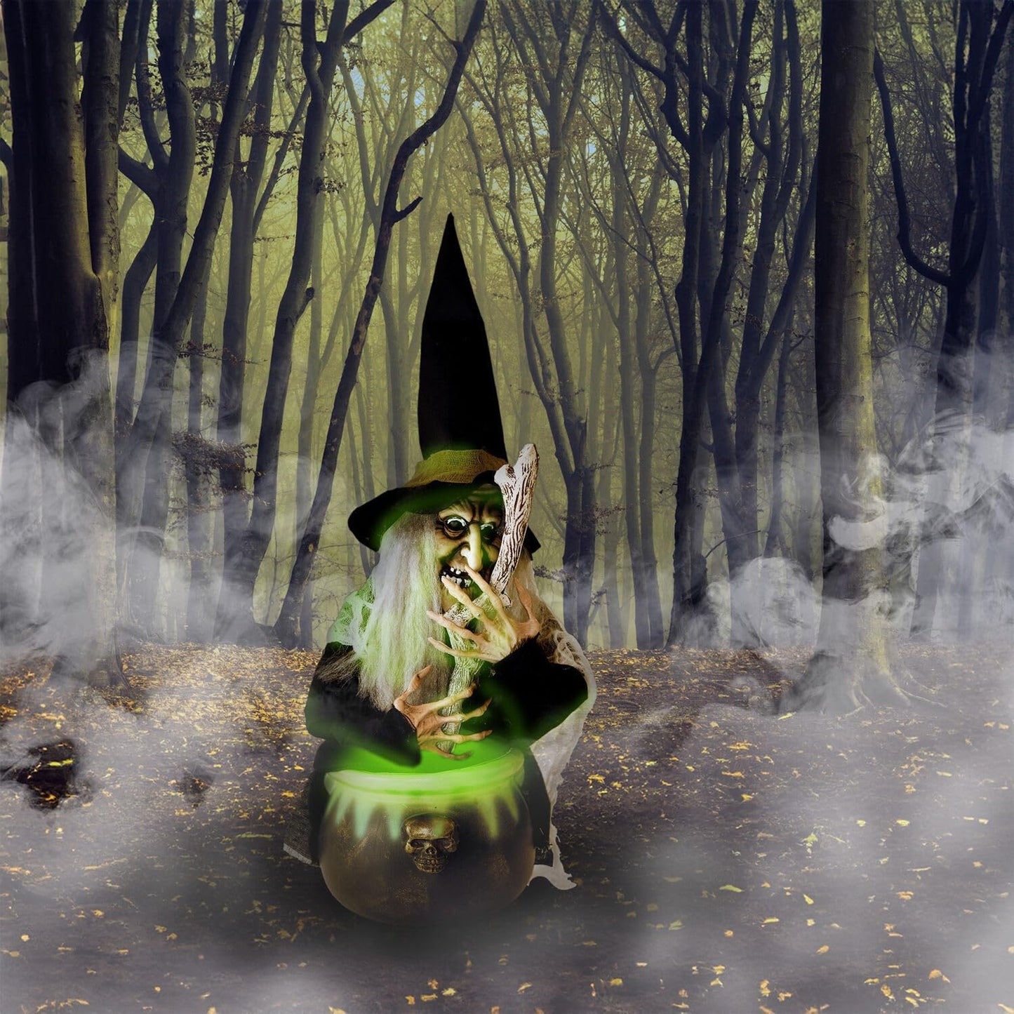 Haunted Hill Farm Scary Talking Witch with Cauldron Halloween Animatronic, Indoor or Covered Outdoor Halloween Decorations with Light up Eyes and Sound, Battery Operated Halloween Props for Home