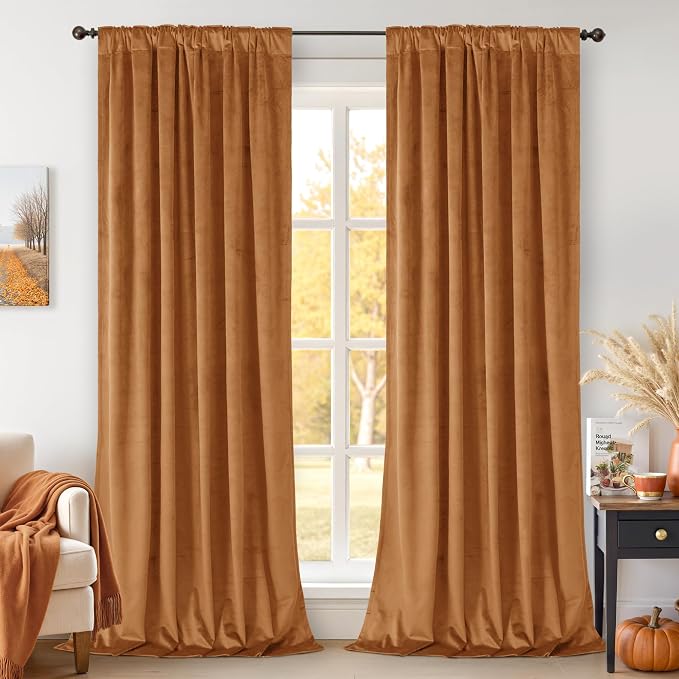BGment Orange Velvet Curtains 108 Inches Long, Fall Decor Super Soft Room Darkening Thermal Insulated Back Tab and Rod Pocket Curtains for Bedroom/Living Room, 2 Panels, 52 x 108 Inch, Orange Brown