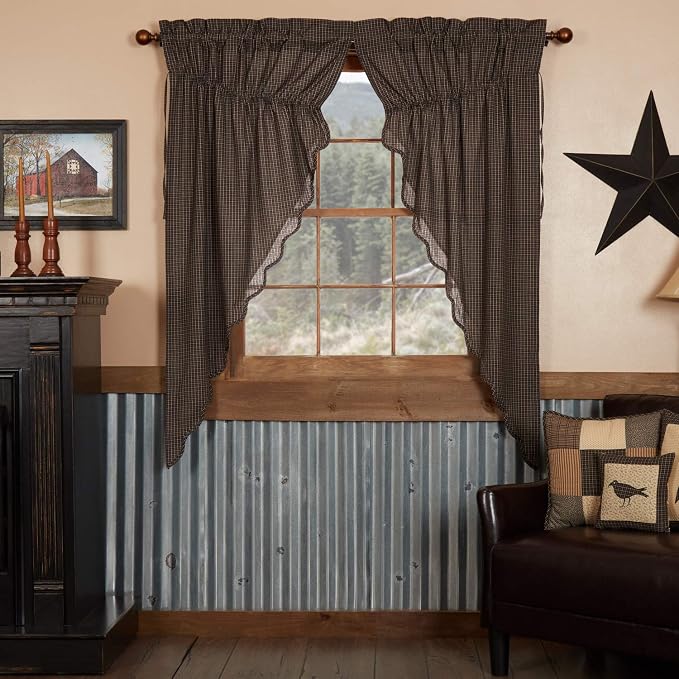 VHC Brands Kettle Grove Curtains, Plaid Prairie Short Panel Scalloped Set of 2 63x36x18