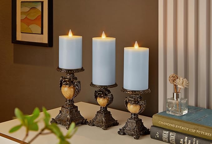 Rechargeable Flameless Pillar Candle with Remote Timer, 3D Moving Flame Real Wax Led Pillar Candles (Ice Blue, 3''x4''/5''/6'')
