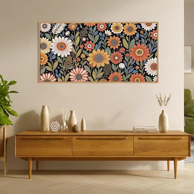 LHIUEM Large Abstract Boho Flower Framed Canvas Wall Art Set,Vintage Colorful Floral Wall Decor,Retro Wildfower Plant Painting,Botanical Artwork for Living Room,Bedroom,Dining Room,Office -20"x40"x1