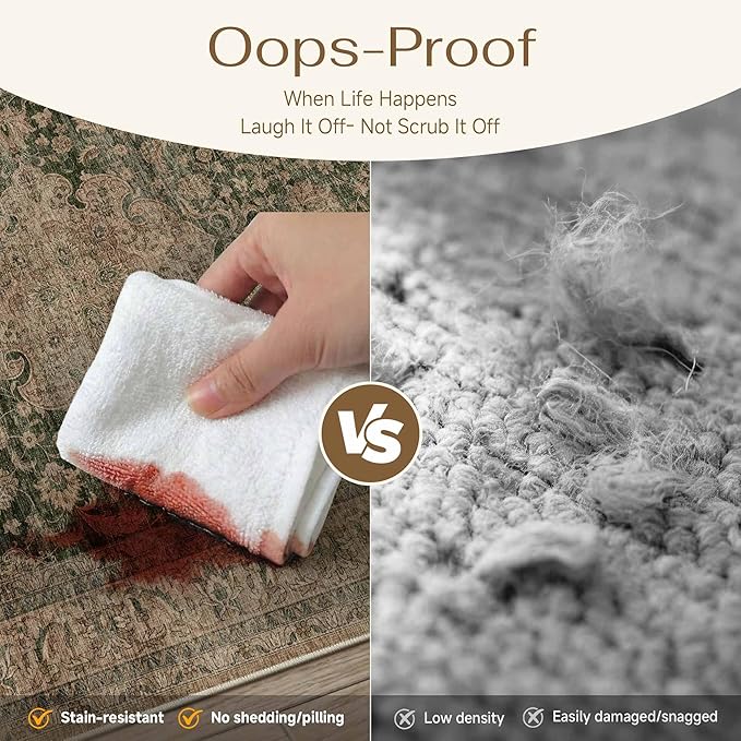 6x9 Washable Area Rug Green Brown Vintage Non Slip Soft Low Pile Rug for Living Room Bedroom Dining Room Office Distressed Oriental Indoor Throw Carpet for Home Decor