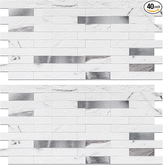 Peel and Stick Backsplash Tile Waterproof Removable PVC Wall Sticker 3D Faux Stone Marble Brick White Accent Panels (Rough White Marble - Metal Silver, 40 Tiles - 18 sq. ft. (1.68 m²)
