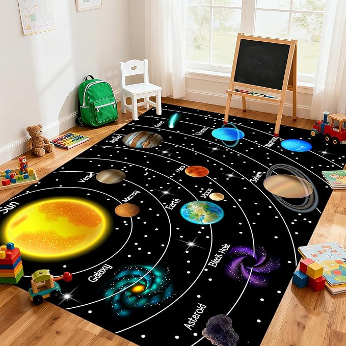 Outer Space Rug for Bedroom - 8x10 Feet Space Rug for Boys Room Cartoon Solar System Planet Theme Carpet Decor for Kids Playroom Classroom Decor