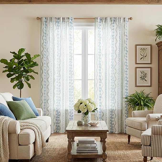 Teal Blue and Green Floral Curtains, English Country Classic Vintage Cottage Sheer Drapes for Bedroom Living Room 84 Inches Long