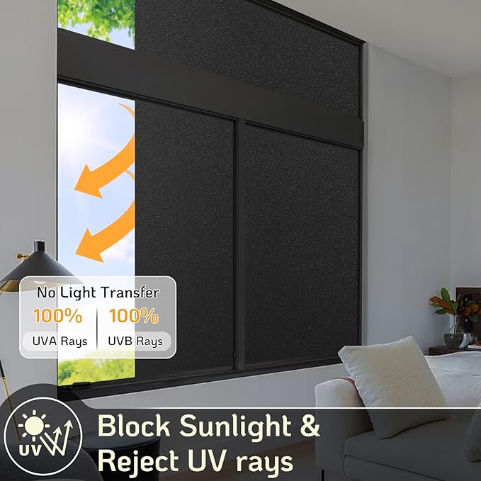 LUTE Blackout Window Film, Sun Light Blocking Frosted Privacy Cling for Glass, Darkening Window Tint for Day Sleep Black Out Shades, UV Blocking Static Cling Blackout Cover， 23.6" x 157.4"