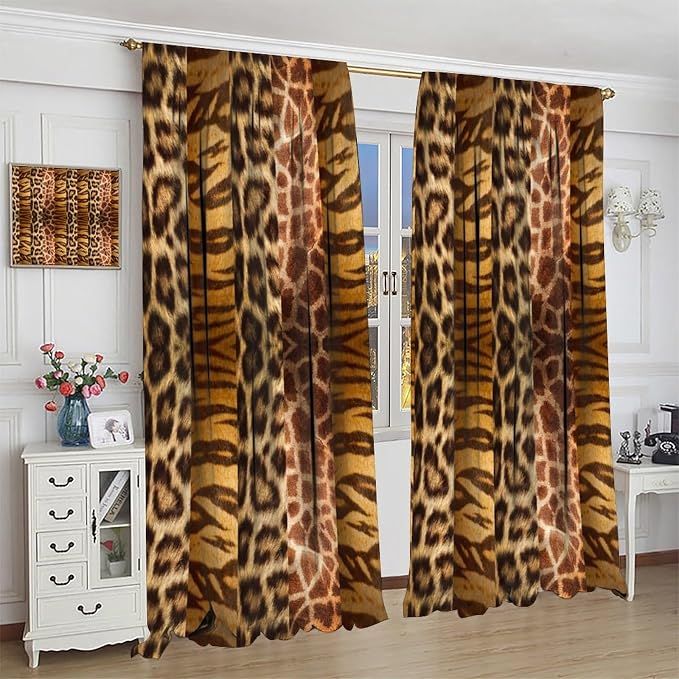 Leopard Print Blackout Curtain, Retro Wild Animal Skin Farmhouse Fur Leopard Print Curtains Rod Pocket Window Treatments 2 Panels Drapes for Nursery Living Room Bedroom Office Decor 72"W X 63"L