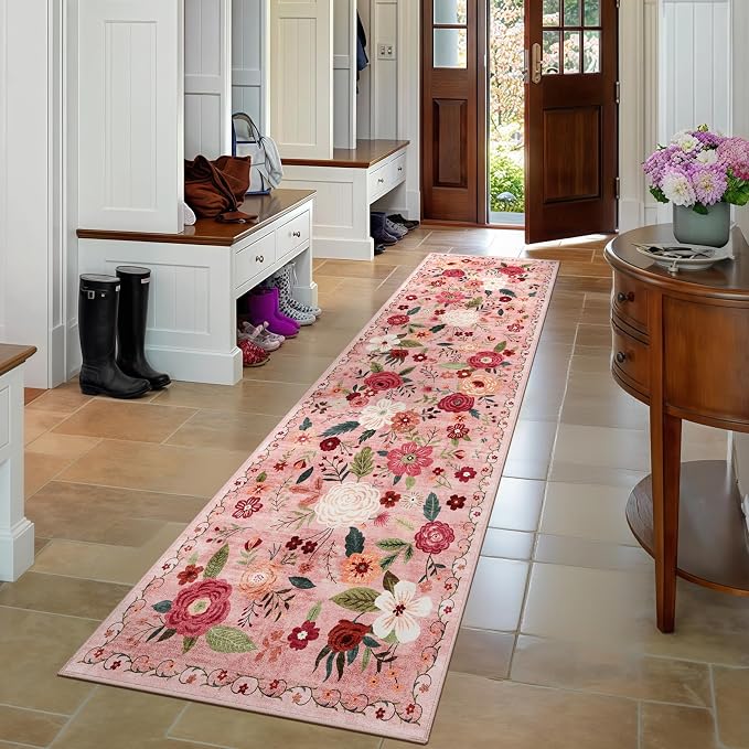 2x6 Machine Washable Runner Rug, Kitchen Hallway Area Rug Dark Pink Vintage Boho Floral Non-Slip Low Pile Soft Faux Wool Carpet Kids and Pets Friendly for Bedroom Entryway Nursery Home Decor Rug