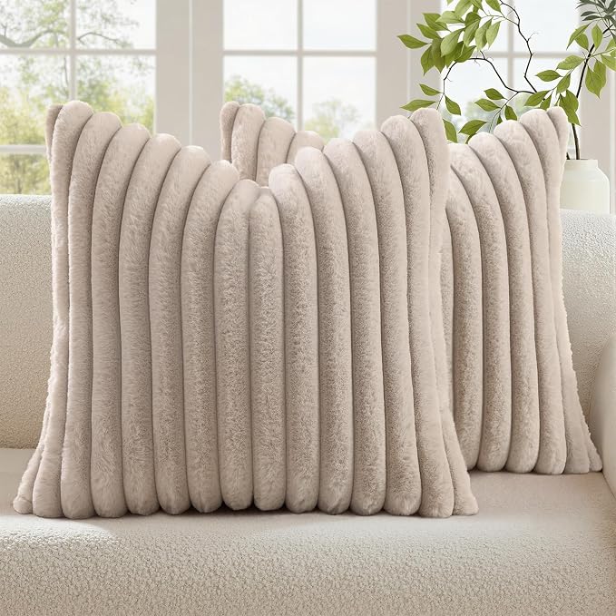 decorUhome Fall Cozy Faux Fur Throw Pillow Covers 16x16 Set of 2 Decorative Soft Plush Striped Modern Farmhouse Boho Couch Pillow Cases with Velvet Back for Sofa Bed Living Room, Tan