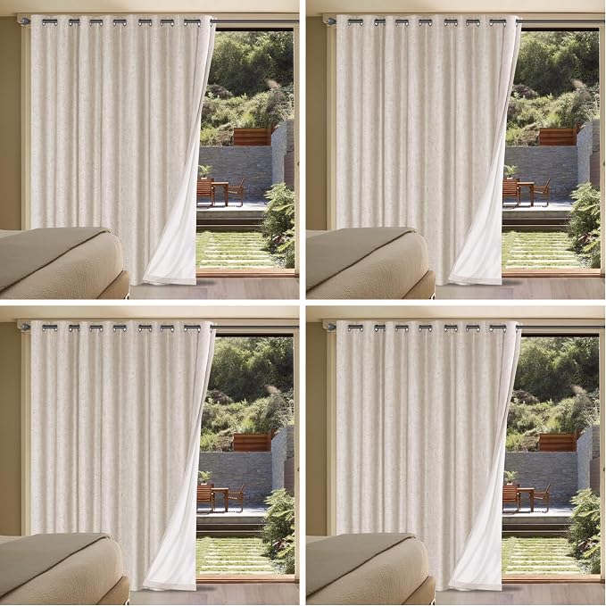 H.VERSAILTEX Linen Blackout Curtains Durable Thick Textured Linen Look 100% Blackout Patio Door Curtain Anti Rust Grommet Extra Wide Sliding Door Curtain Panel, Natural，W100 x L108 inch (Pack of 4)