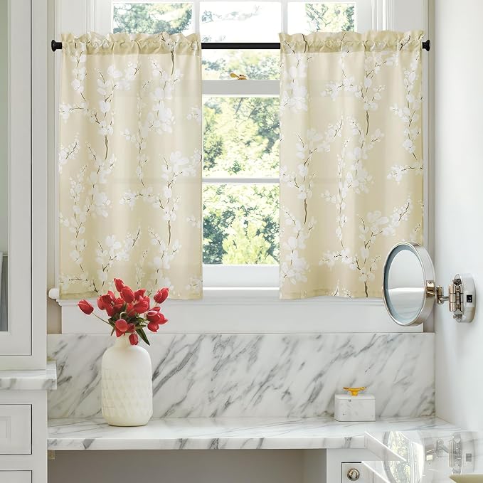 FMFUNCTEX Beige Kitchen Curtains 36 Inch Length White Blossom Floral Print on Canvas Tier Curtains for Small Windows Basement Bathroom Laundry Closet Rustic Curtains Rod Pocket 2 Panels