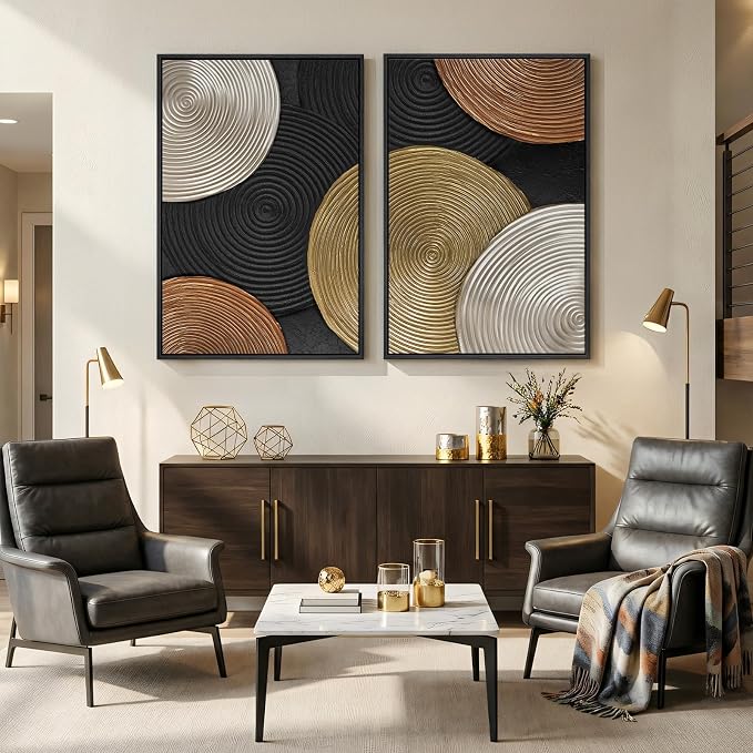 Large Framed Abstract Circles Wall Art Set of 2 for Living Room, Modern Minimalist Neutral Gold Black Beige Canvas Artwork for Walls, Luxury Painting Print Wall Decor for Bedroom Office, 24x36 Inch