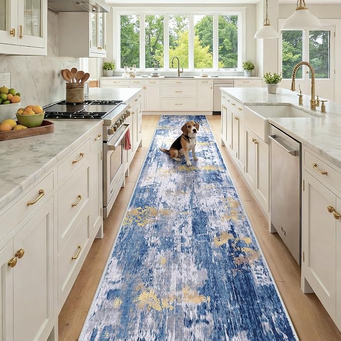 RELEANY Washable Area Rugs 2'6"x12 Non-Slip Modern Abstract Soft for Living Room Entryway Bedroom Kitchen, Print Pattern, Grey Blue Gold/Golden