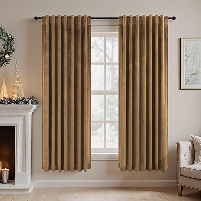 Pitalk Velvet Black Out Curtains Gold Brown for Bedroom Thermal Soundproof Noise Reducing Drape for Nursery Living Room Darkening Privacy Luxury Home Decor Back Tab 63 Inch Length 2 Panel Golden Brown