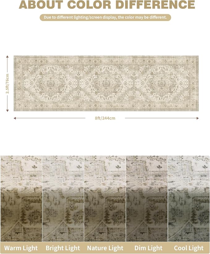 Roxstand Washable Runner Rug 2.6x8 Runners for Hallways, Ultra-Thin Carpet Runners for Entryway Anti Slip Backing Runner Rugs for Kitchen Laundry Room Indoor Hallway (Ivory/Beige)