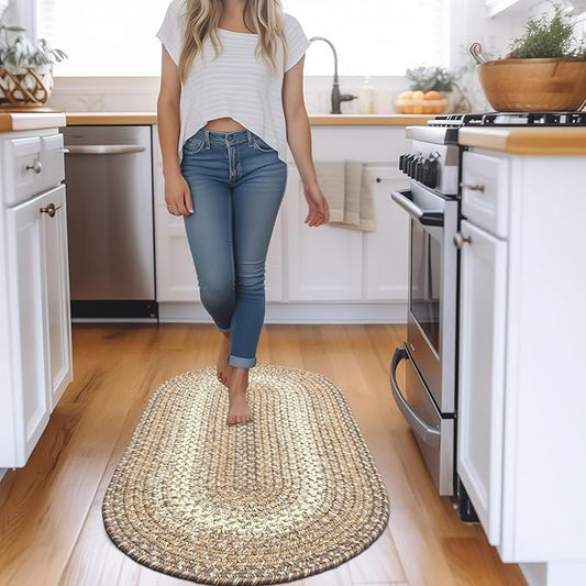 Super Area Rugs Braided Rugs Farmhouse Kitchen Rug - Ridgewood Braided Rug for Living Room - Reversible - Indoor/Outdoor - Made in USA - Taupetone/Beige, 2' X 4' Oval Runner