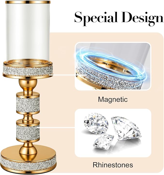 Hurricane Candle Holder, 15.9" Tall Metal Candle Stand, Glass Pillar Candle Holders Crystal Gold Decorative Centerpieces for Table, Wedding and Dining Room (Fits Candles up to 3"x5", 3pcs, S+M+L)