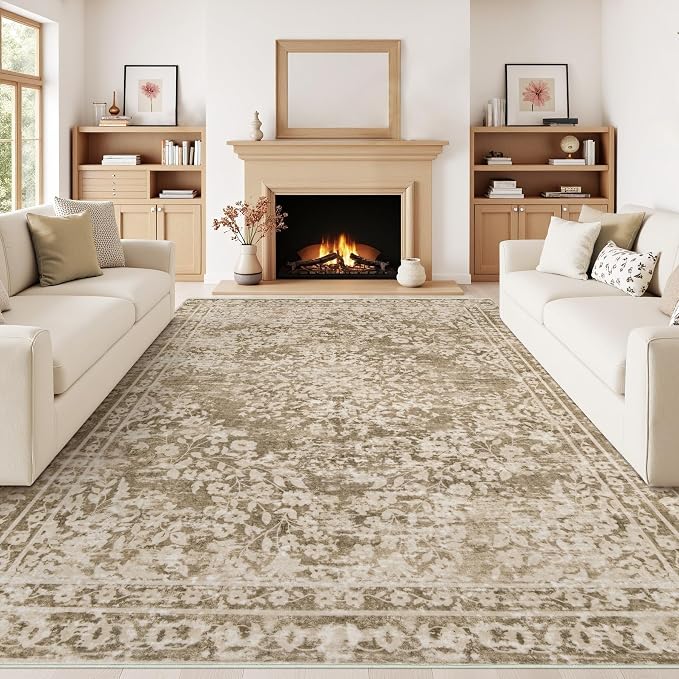 Vintage Living Room Area Rug - 9x12 Large Machine Washable Boho Area Rug Distressed Floral Rugs for Bedroom, Soft Non-Slip Indoor Floor Accent Rugs for Office Dining Room (Floral Brown, 9'x12')