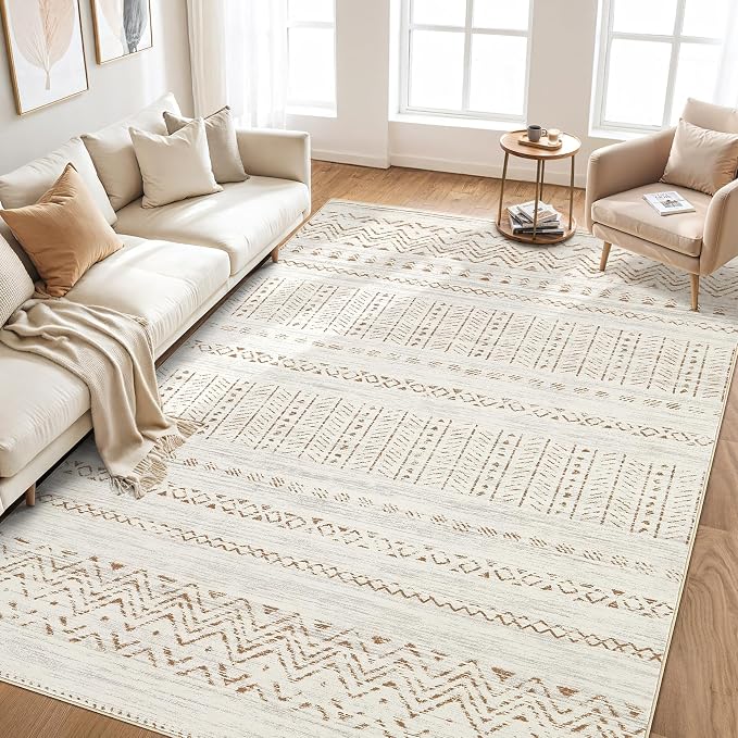 cotiled 7x9 Area Rugs Living Room Rug: Washable Boho Rugs with Non Slip Backing Large Soft Indoor Stain Resistant Carpet for Bedroom Farmhouse Dining Room Lightweight Home Decor Brown/Cream