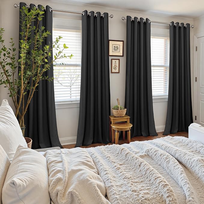 YoungsTex 80 Inches Long Black Curtains 2 Panels, Velvet Blackout Drapes Room Darkening with Grommet Privacy for Living Room Bedroom Window, 52 X 80 Inch