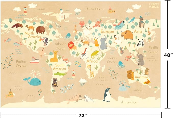 Kids Bedroom Rug with World Map & Animals – 4x6 Educational Washable Area Rug for Playroom, Cute Global Animal, Featuring Continents & Native Wildlife Carpet for Dorm or Classroom - Soft Beige