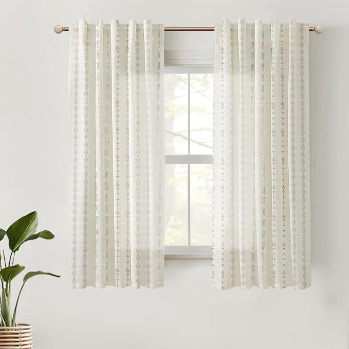Lino Rosa 54 Inch Curtains Length Sheer Boho Linen Floral Pattern Semi Sheer Curtains for Bedroom Bathroom 2 Panels Set