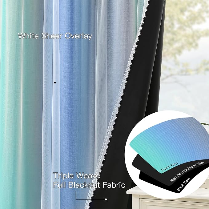 XiDi 100% Blackout Curtains for Girls Bedroom Living Room 96 Inch Length 2 Panels Kids Rainbow Blue Green Grey Mix & Match Double Layer Curtains with Sheer Overlay Grommet Window Drapes 34W x 96L