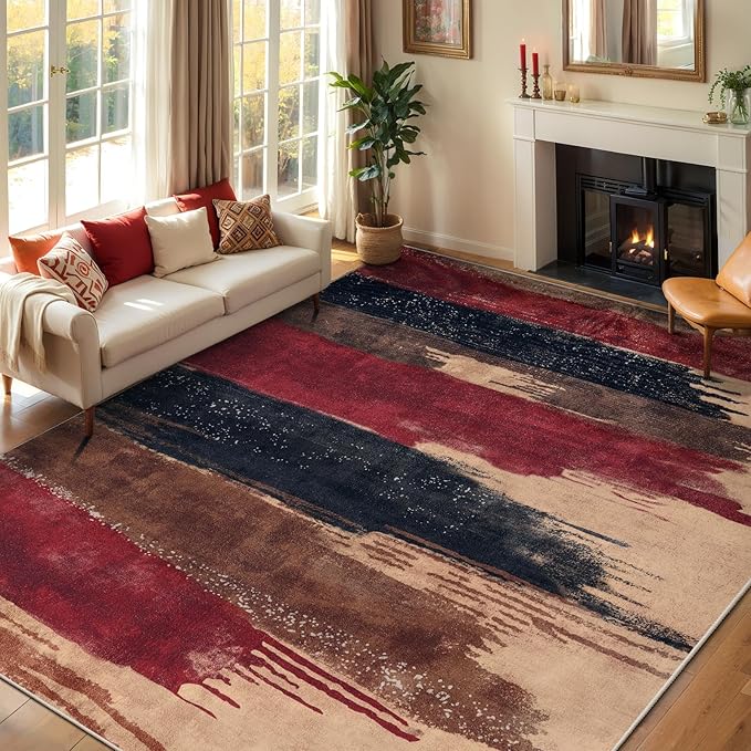 Ciicool Modern Abstract Red Black Rug for Living Room, 6'x9' Machine Washable Area Rug Non-Slip Rug, Low-Pile Contemporary Indoor Dining Floor Carpet for Bedroom Office Under Table Home Decor