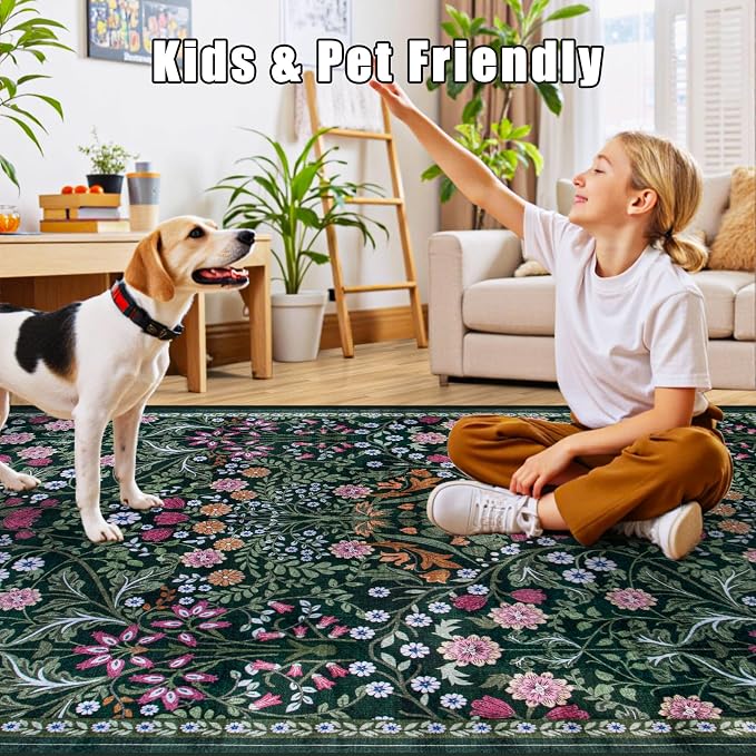 Round Area Rug for Living Room: 8 ft Floral Washable Circle Rug Soft Boho Non-Slip Carpet Indoor Floor Stain Resistant Low Pile Small Circular Rug for Bedroom Entryway Kitchen Nursery Dark Green